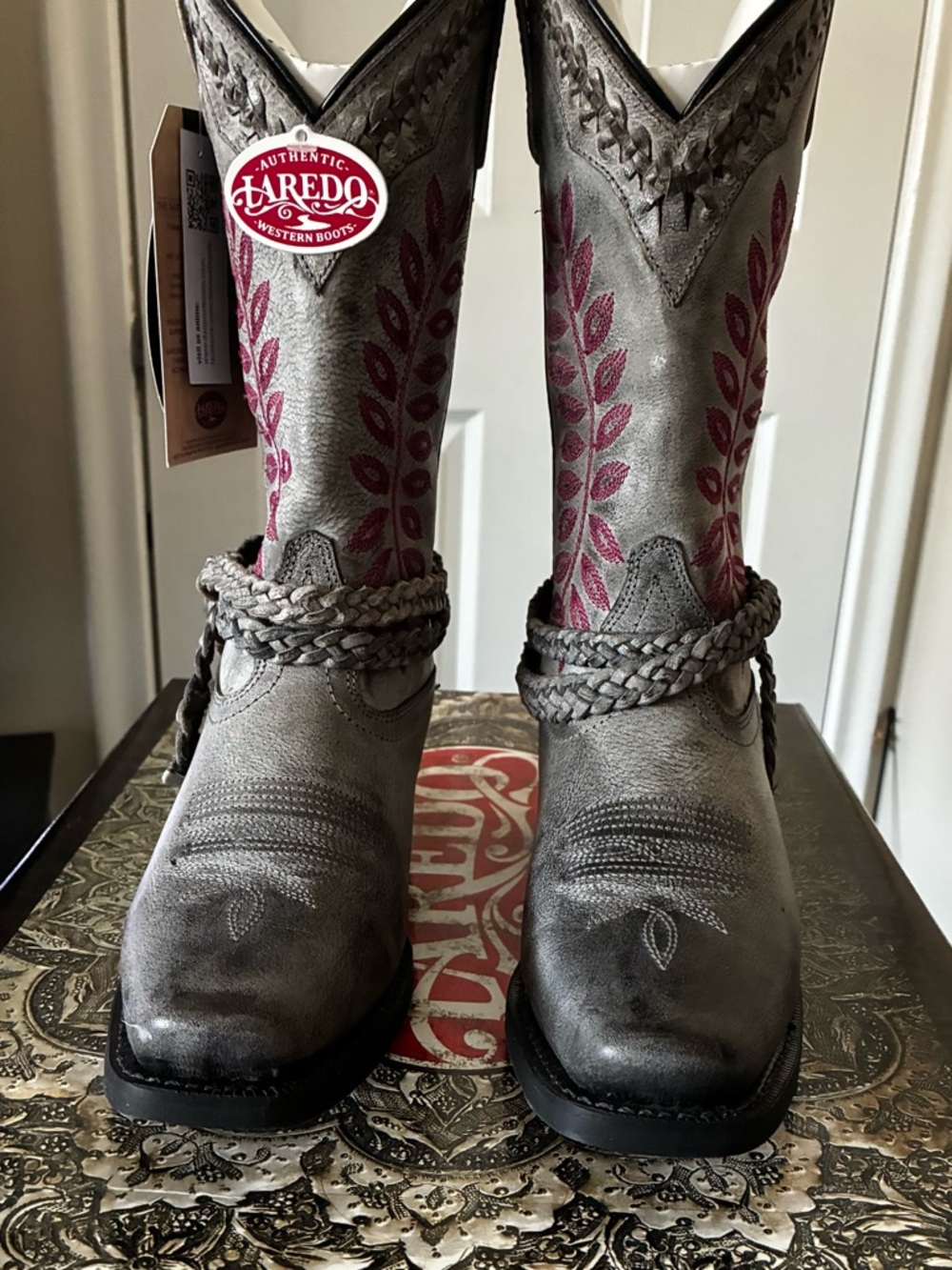 Laredo Gray Western Heeled Boots with Pink Embroidery